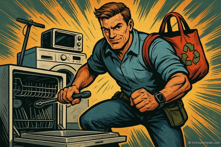 Homme réparant électroménager avec sac recyclage