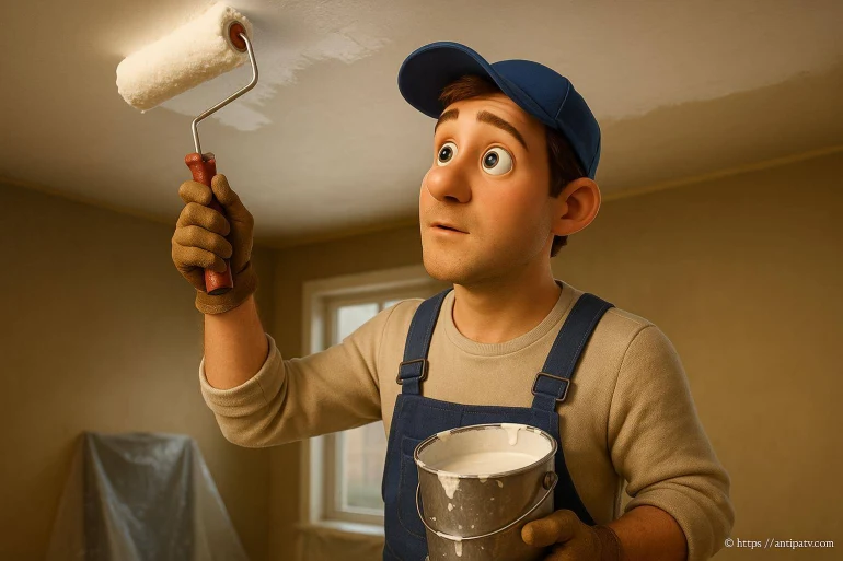 Homme dessin animé peignant un plafond blanc