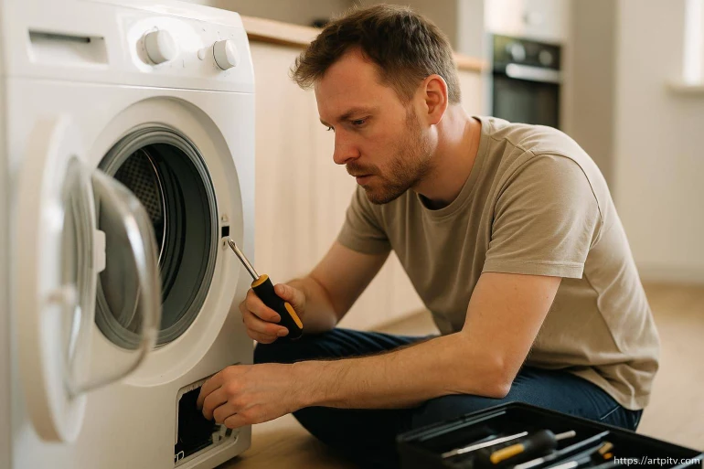 Homme réparant une machine à laver
