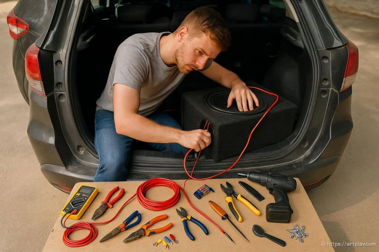 Homme installant un caisson de basse voiture