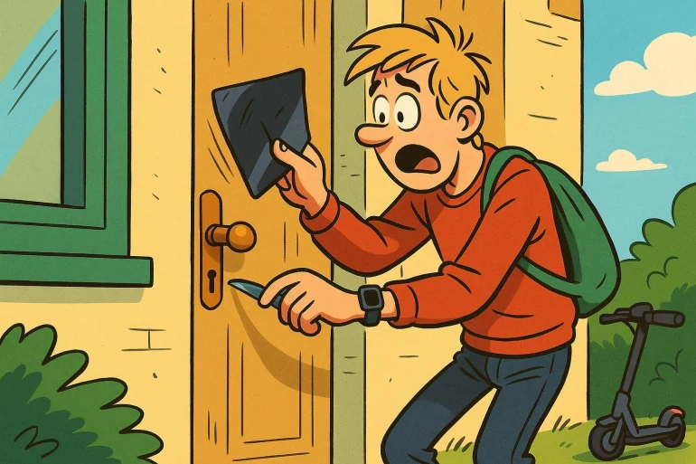 Jeune homme surpris devant porte fermée