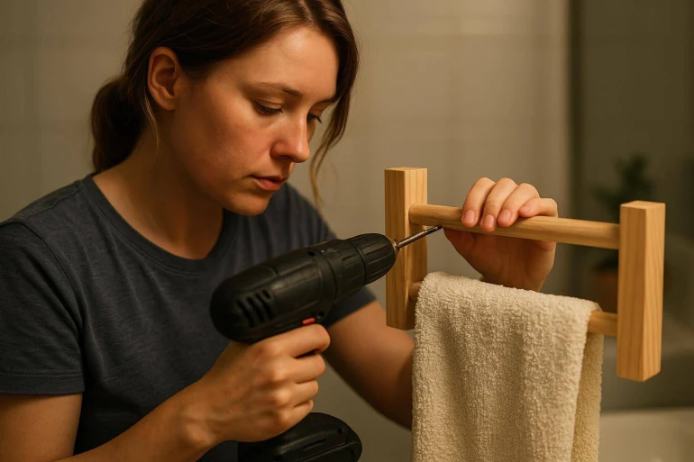 Femme assemble porte serviette en bois