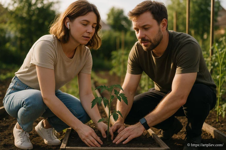 Couple plantant un jeune plant de tomate