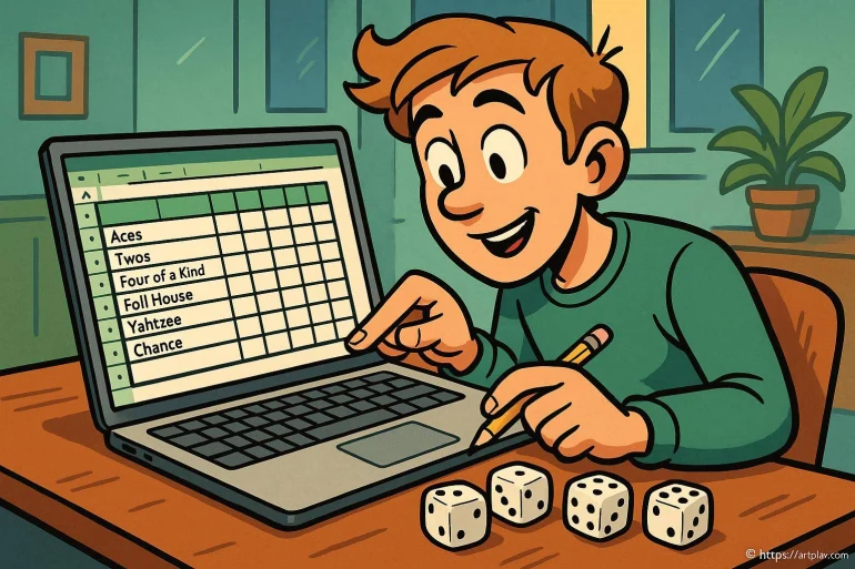 Jeune garçon jouant au Yahtzee avec ordinateur