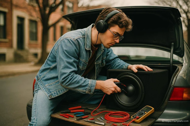 Jeune homme testant un subwoofer de voiture