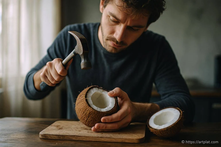 Homme ouvrant noix de coco avec marteau