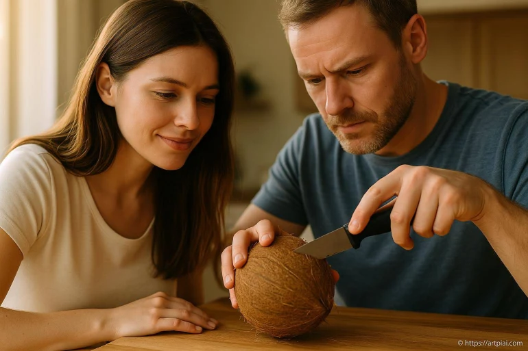 Couple ouvrant une noix de coco
