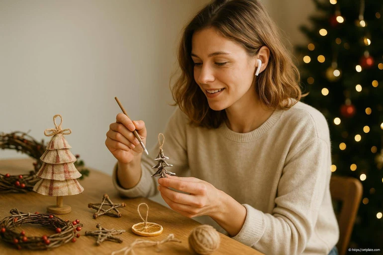 Femme décorant sapin de Noël artisanal