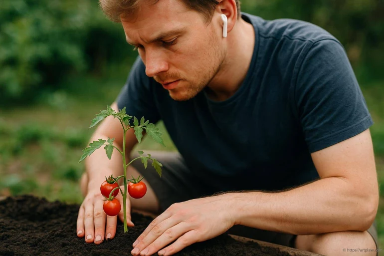 Homme plantant une jeune tomate rouge