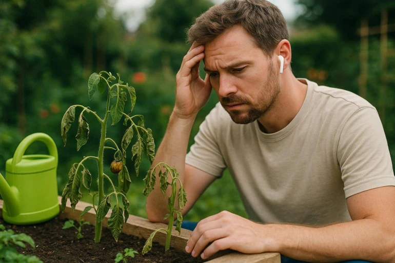 Homme préoccupé devant plante malade