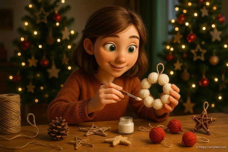 Fille créant décoration de Noël artisanale