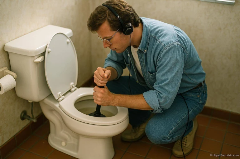 Homme débouchant toilettes avec ventouse