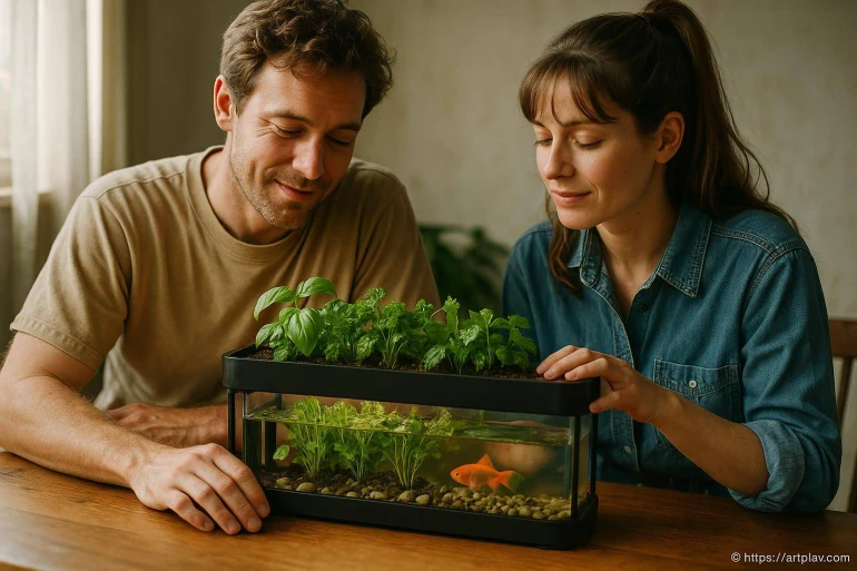 Couple observant aquarium avec plantes et poisson