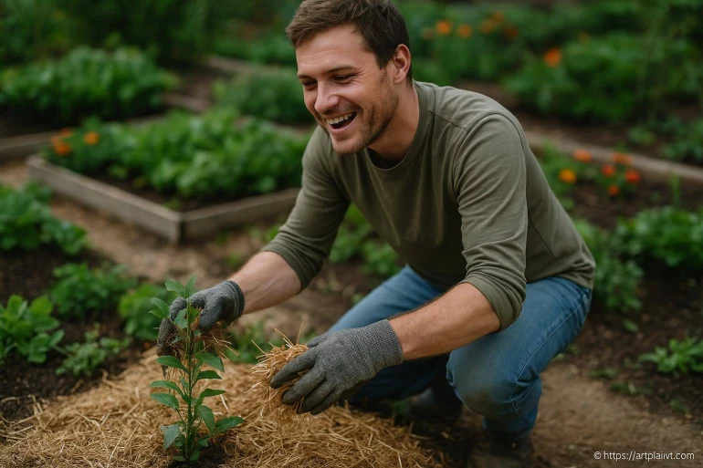 Homme jardinier plantant jeune pousse