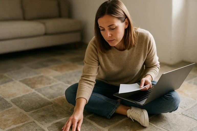 Femme assise au sol avec ordinateur et papier
