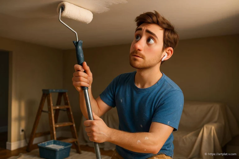 Homme peignant un plafond avec un rouleau