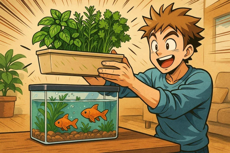 Jeune homme heureux avec aquarium et plantes