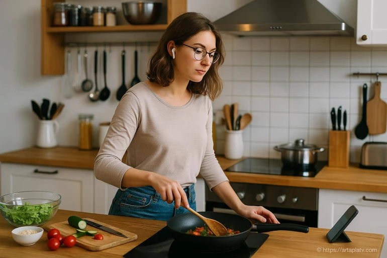 Femme cuisine légumes dans poêle