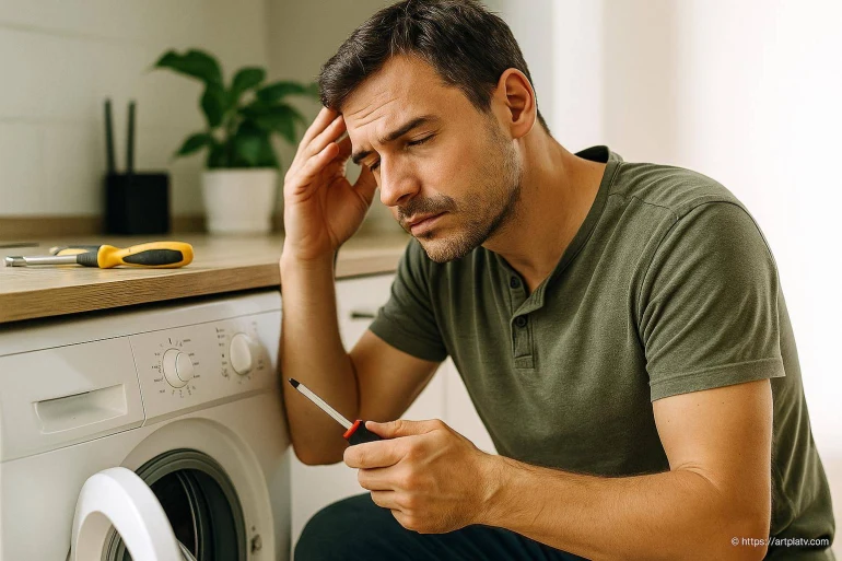 Homme pensif réparant machine à laver