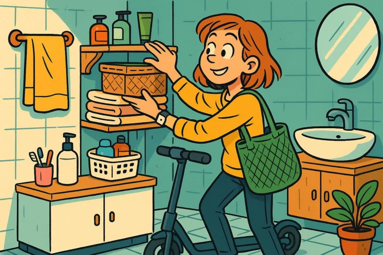 Femme rangeant étagère salle de bain