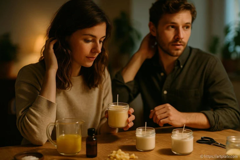 Couple fabriquant des bougies maison