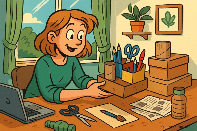 Femme organise bureau avec fournitures
