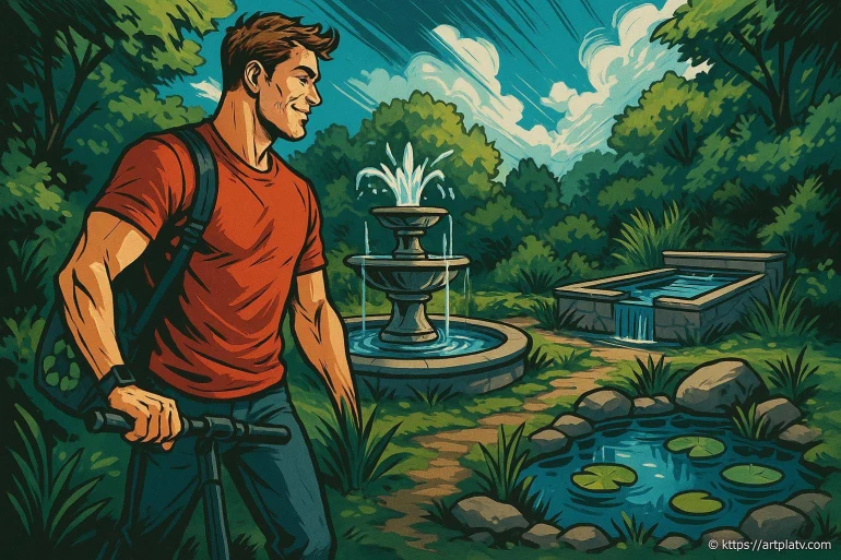 Jeune homme en promenade près d une fontaine