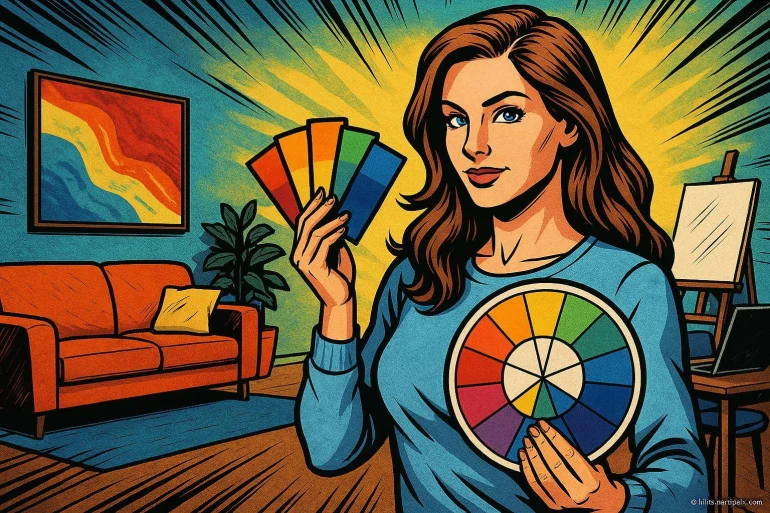 Femme présentant roue et nuancier de couleurs