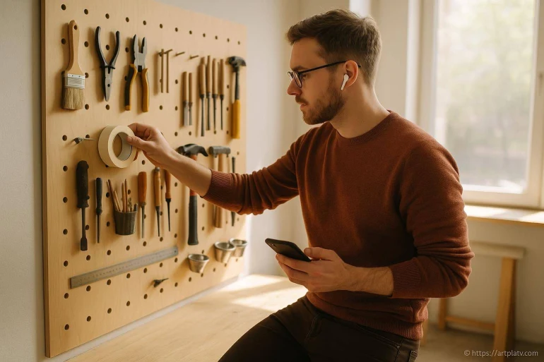 Homme organisant outils sur panneau perforé