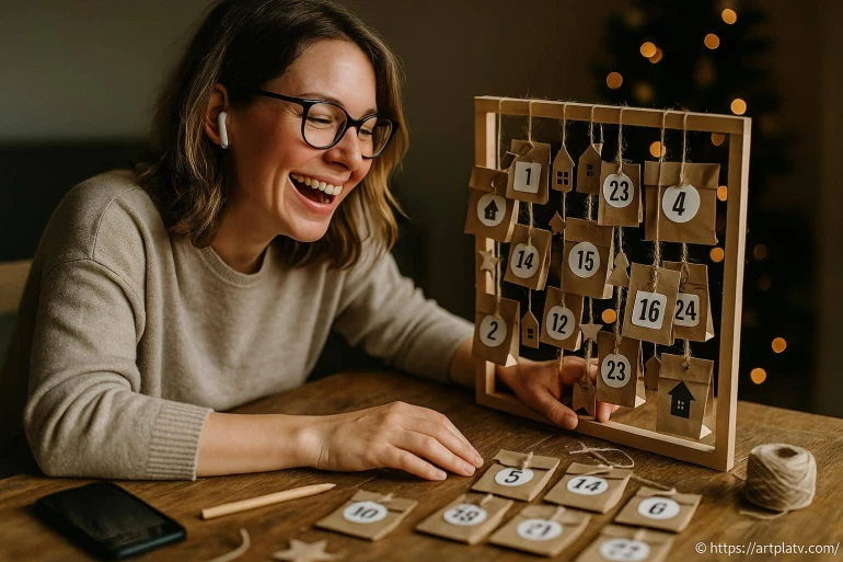 Femme souriante avec calendrier de l'avent fait main
