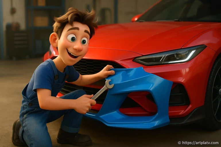 Jeune mécanicien souriant réparant voiture