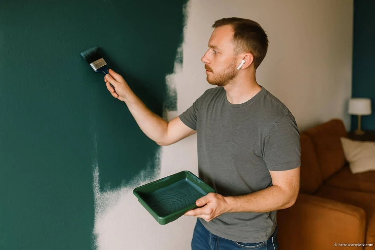 Homme peignant un mur en vert foncé