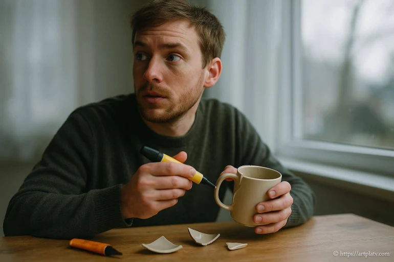 Homme réparant une tasse cassée