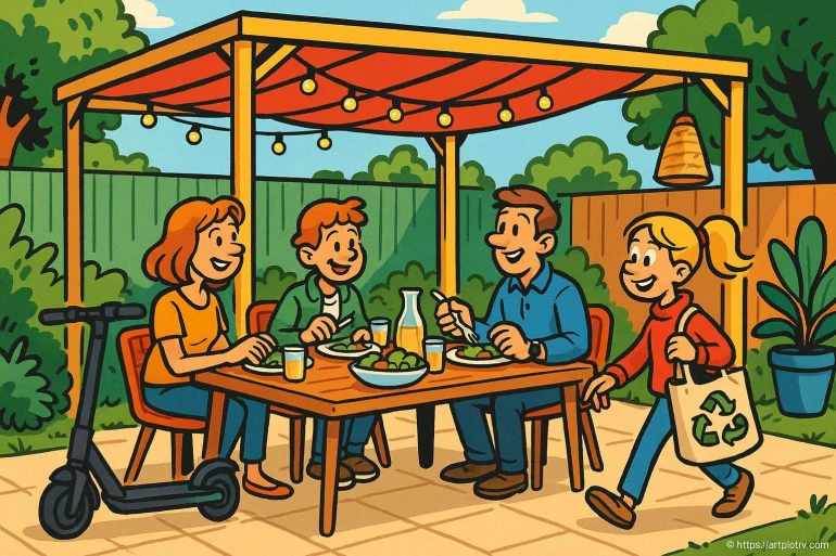 Famille mangeant dehors sous pergola
