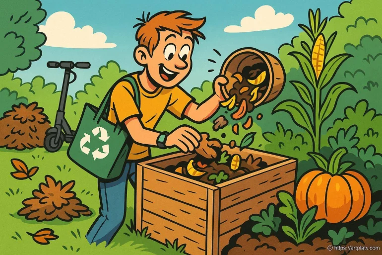 Jeune homme faisant du compost dans un jardin