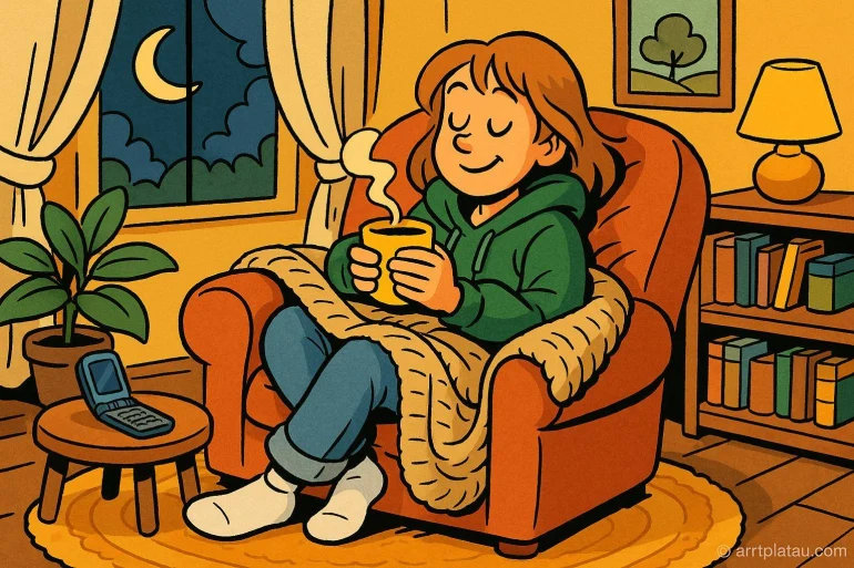 Personne détendue avec boisson chaude soir