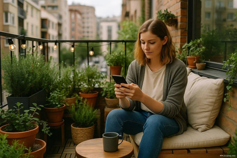 Femme assise sur balcon avec smartphone