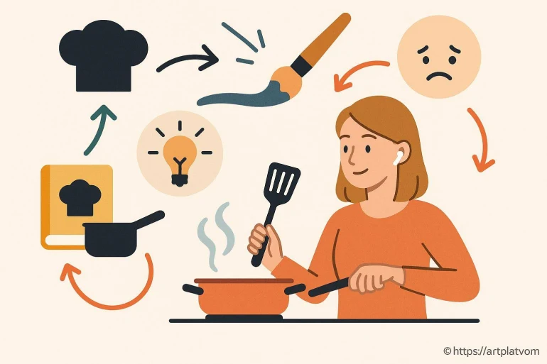 Femme cuisinant avec idées et émotions
