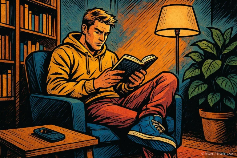 Jeune homme lisant un livre en fauteuil