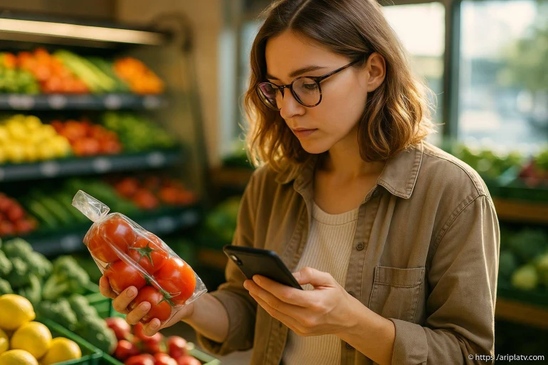 Femme vérifiant tomates au supermarché