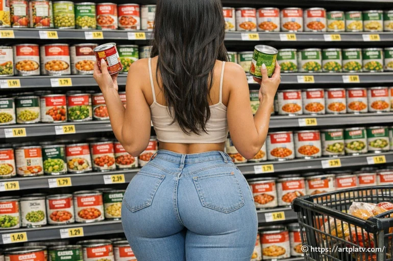 Femme choisissant conserves au supermarché